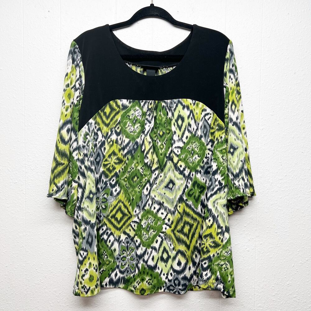 Liz & Me Floral Green 1/2 Sleeve Top Womens 1X Career Work Party Event Dressy